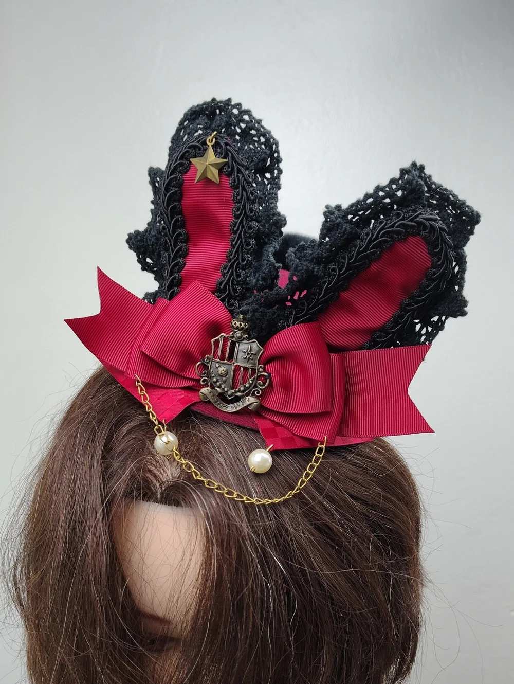 Lolita Hat Black Lace & Burgundy Ribbon Bunny Mini Hat Gold Chain Steampunk Hat